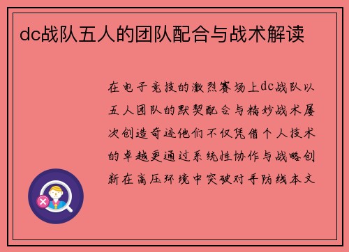dc战队五人的团队配合与战术解读