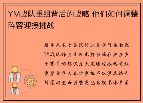 YM战队重组背后的战略 他们如何调整阵容迎接挑战