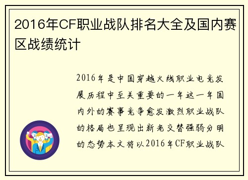 2016年CF职业战队排名大全及国内赛区战绩统计