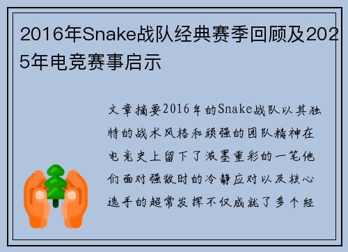 2016年Snake战队经典赛季回顾及2025年电竞赛事启示