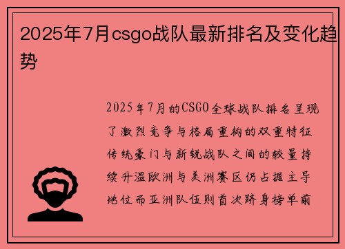 2025年7月csgo战队最新排名及变化趋势
