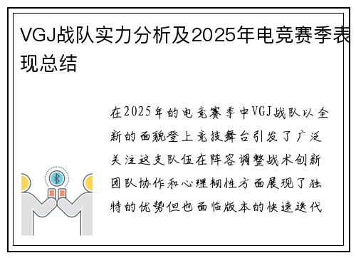 VGJ战队实力分析及2025年电竞赛季表现总结
